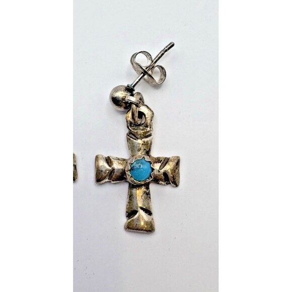 Vintage Sterling Silver Native American Turquoise Cross Earrings Not Polished - Picture 2 of 9